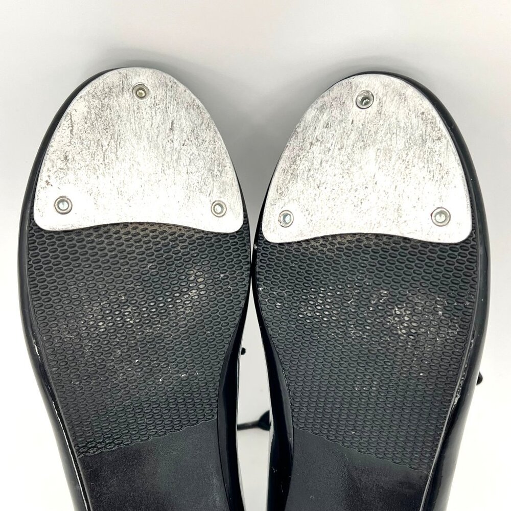 Dance Class Trimfoot Tap Shoes Girls Size 2 Black Patent Faux Leather Ribbon Tie - Picture 4 of 15